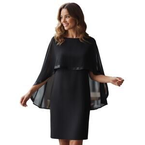 Talbots Navy Blue Sleeveless Chiffon Cape Dress 8 Silk Trim Evening Wear Luxe